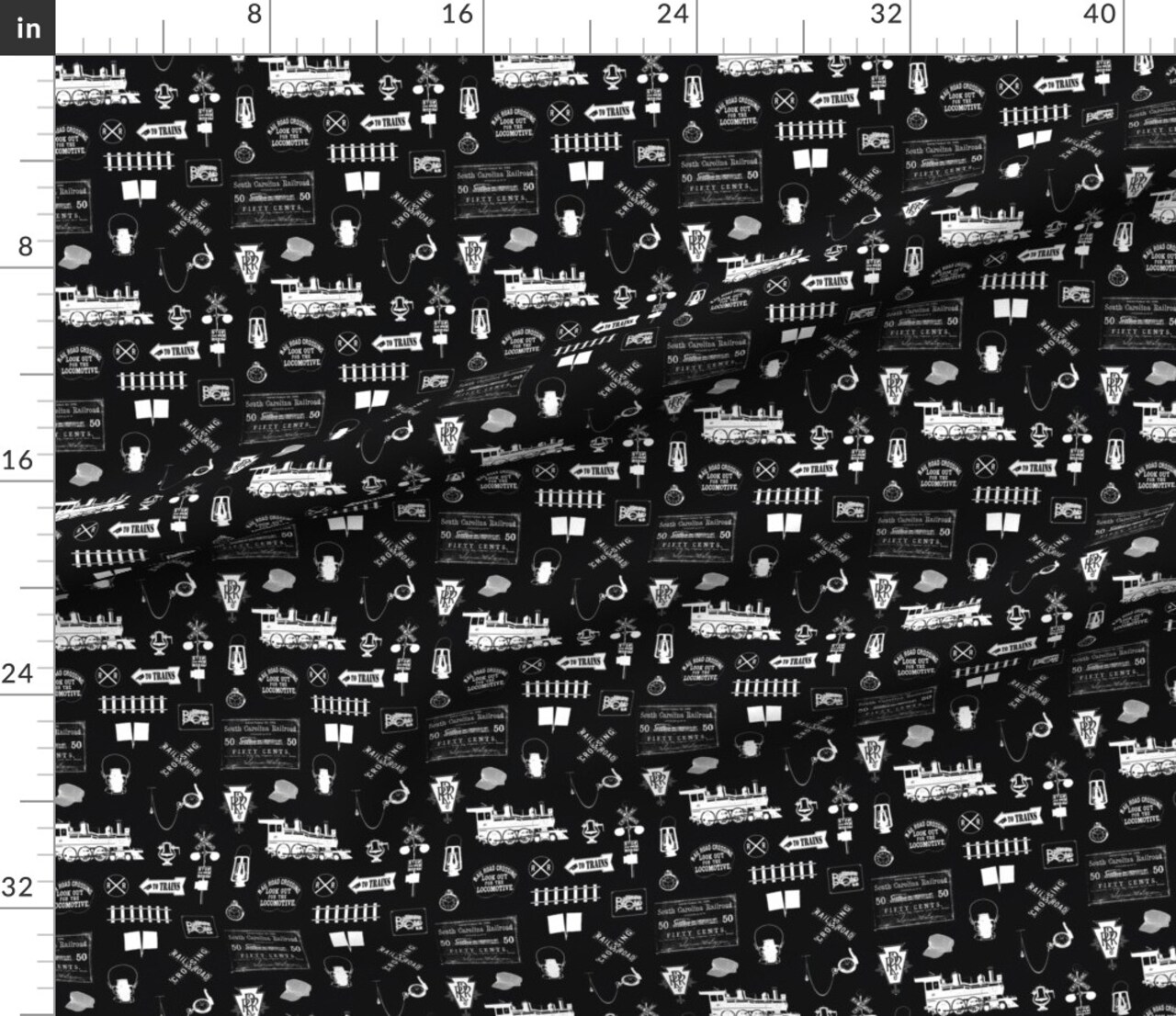 Railroad Black Small Trains Train Steam Custom Printed Fabric by Spoonflower Various Fabrics by the Yard or Fat Quarter